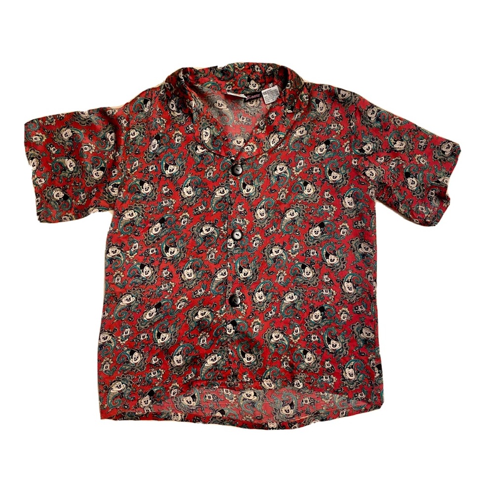 Silk Mickey Mouse Blouse 80s Red Paisley Disney Top Button Up Shirt Vintage